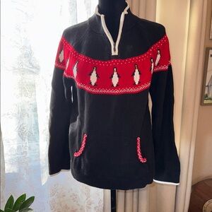 Christopher & Banks Black and Red Penguin front quarter zip Sweater. Size XL
